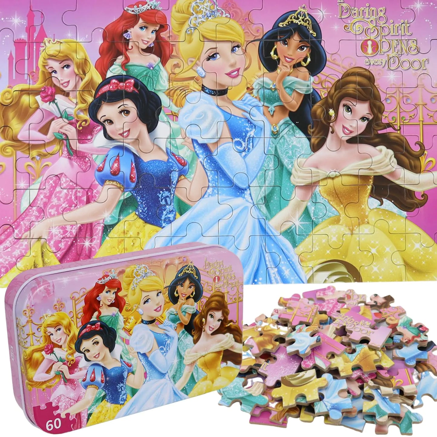 Doovide Wooden Princess Puzzles 60 Pieces Ages 3-5 Educational Jigsaw Puzzles for Kids Girls and Boys Toys in Metal Box 60 Count (0678)