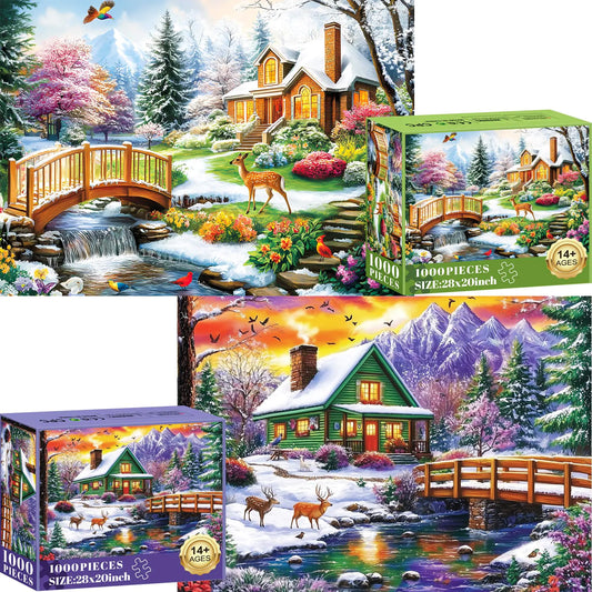 2 Pack 1000 Piece Jigsaw Puzzles 1000 Pieces Puzzles for Adults Winter Snow Puzzle Fawn Jigsaw Puzzles 1000 Pieces Set Creative Play Holiday Party Gifts Artwork Wall Home Decor 28×20 in