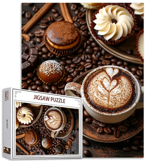 Tucocoo Coffee Cup Jigsaw Puzzles for Adults 1000 Pieces Coffee Beans Pastry Gourmet Art Style Brown Painting 27x20 inch DIY Puzzles for Home Decoration Gifts Family Puzzle Perfect for Game Nights