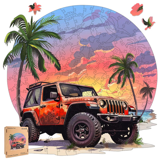 Wooden Jigsaw Puzzles-Seaside Car200pcs12.4x11.4inMediumWooden Puzzles for AdultsUnique Shape Animal Adult PuzzlesIrregular Wood Puzzles Best Gift for Adults and Kids Family Gam